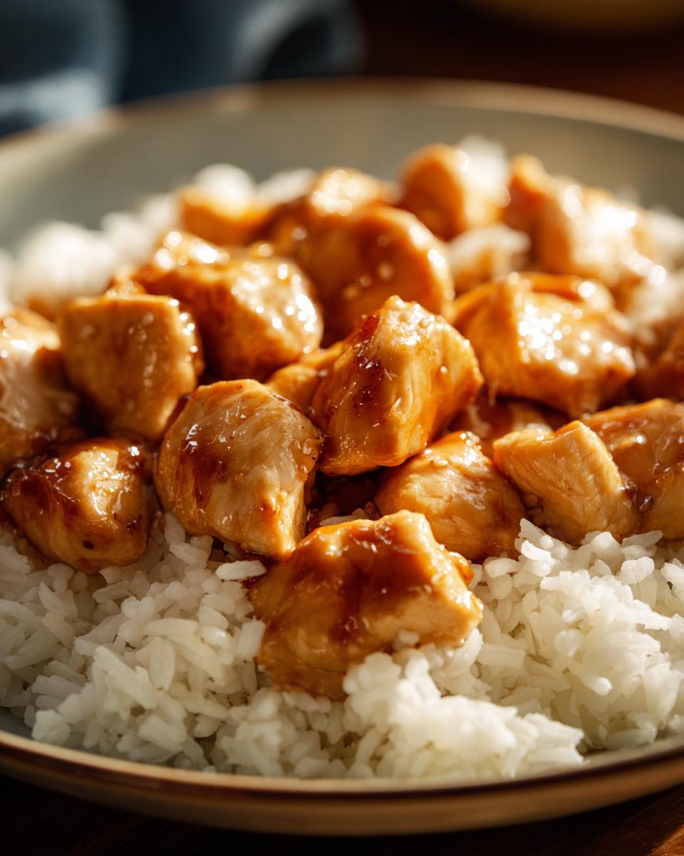 Close-up of succulent, glazed chicken pieces served over fluffy white rice in a bowl.