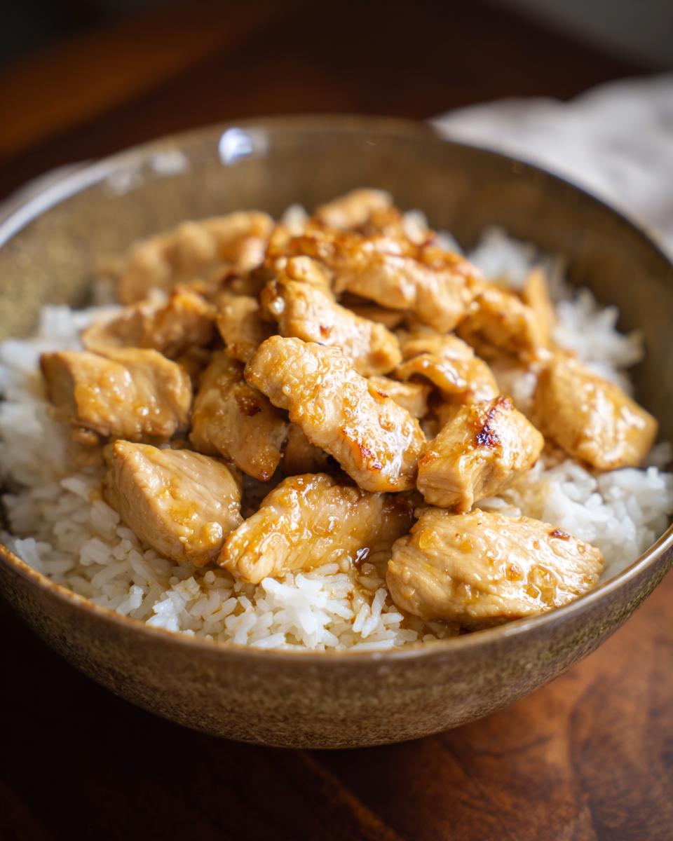 A close-up of a bowl filled with fluffy white rice topped with glazed chicken pieces, showcasing one of the best chicken and rice recipes.