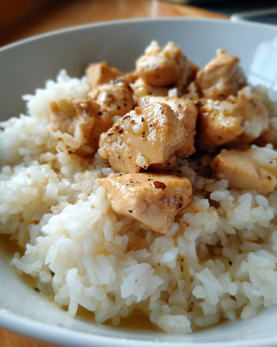 Close-up of a white bowl filled with fluffy white rice topped with tender, saucy chicken pieces seasoned with black pepper.