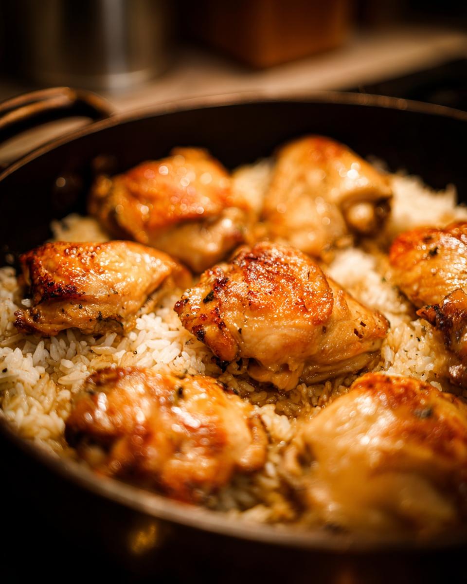 Close-up of perfectly cooked chicken thighs with crispy skin nestled on a bed of fluffy white rice in a pan.