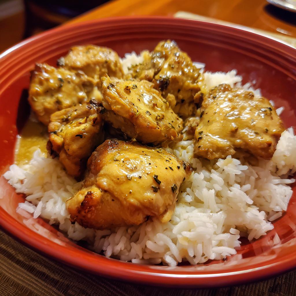 A close-up of tender chicken pieces coated in a savory sauce served over fluffy white rice in a red bowl.