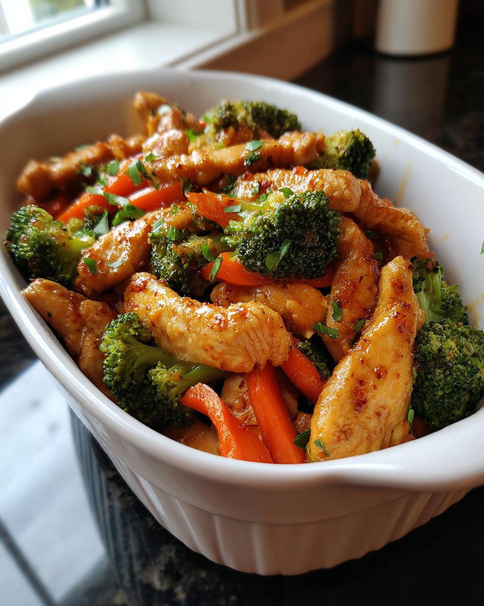 A close-up of a white bowl filled with a delicious chicken and broccoli stir-fry, part of easy dinner recipes.