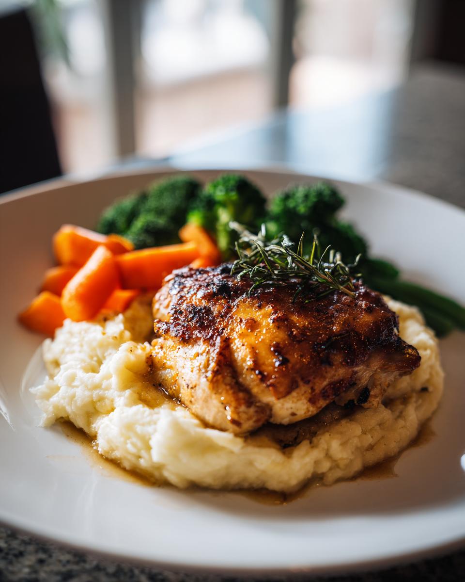 A delicious chicken breast served over mashed potatoes with carrots and broccoli, perfect for New Years Eve dinner ideas.