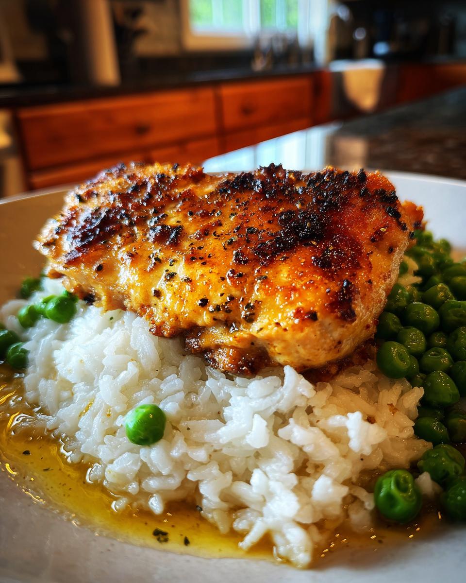 A close-up of a perfectly cooked chicken breast seasoned with spices, served over fluffy white rice and bright green peas, a delicious new years recipe.
