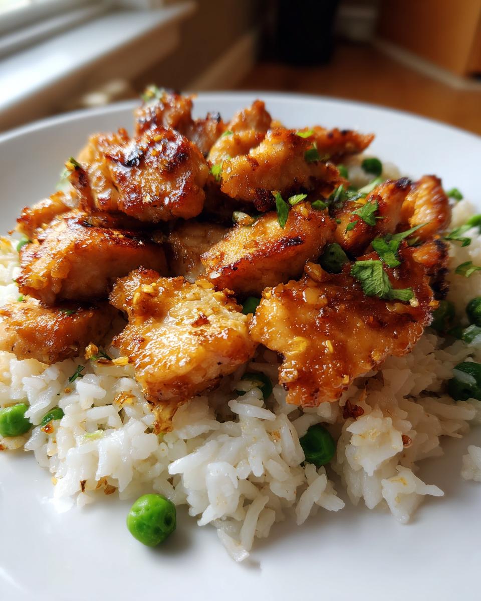 Close-up of glazed chicken pieces served over white rice with peas, a perfect dish for new years recipes.