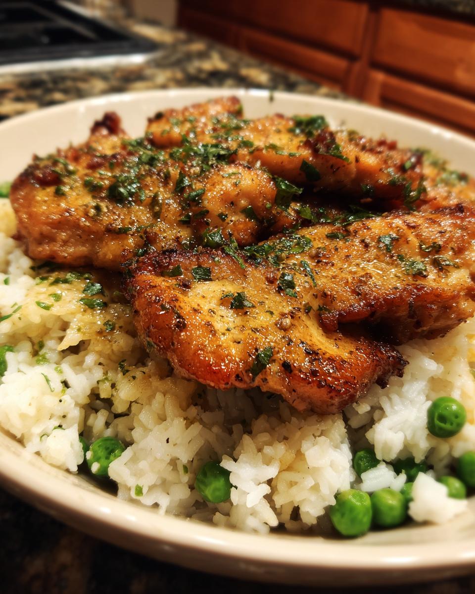 Close-up of pan-seared chicken breast served over white rice with peas, a perfect dish for New Years recipes.