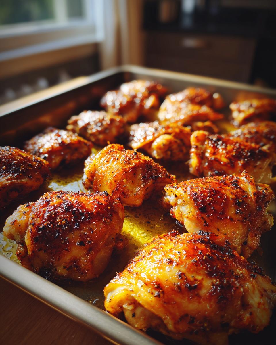 Close-up of perfectly baked chicken thighs with crispy skin, seasoned and glistening in a baking pan, a great chicken thigh dinner idea.