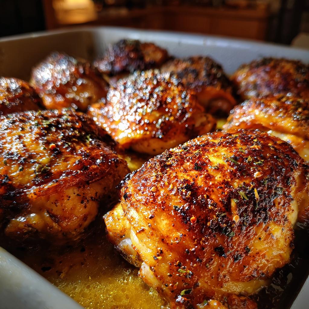 Close-up of perfectly baked chicken thighs, glistening with juices and seasoned with herbs.