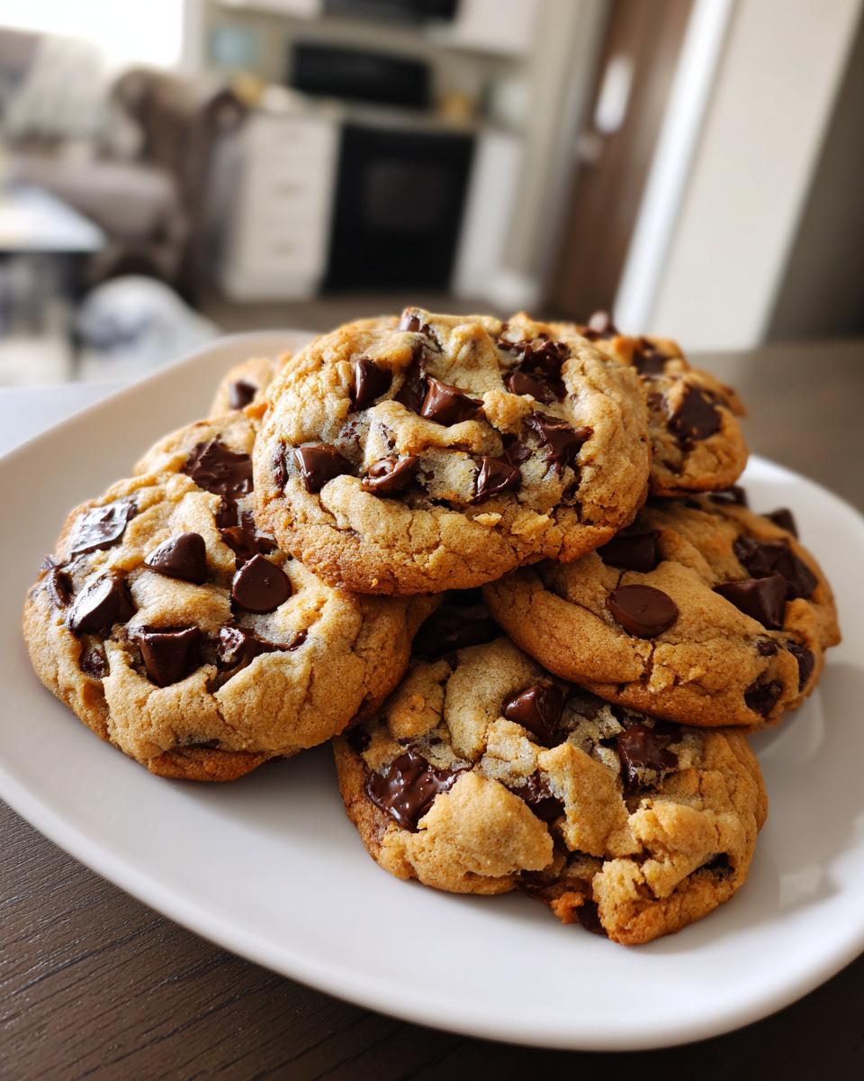 A plate piled high with freshly baked chocolate chip cookies, showcasing gooey melted chocolate chips.