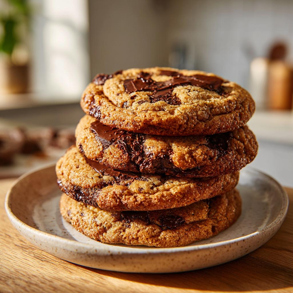 A close-up stack of four warm, gooey chocolate chip cookies on a rustic plate.