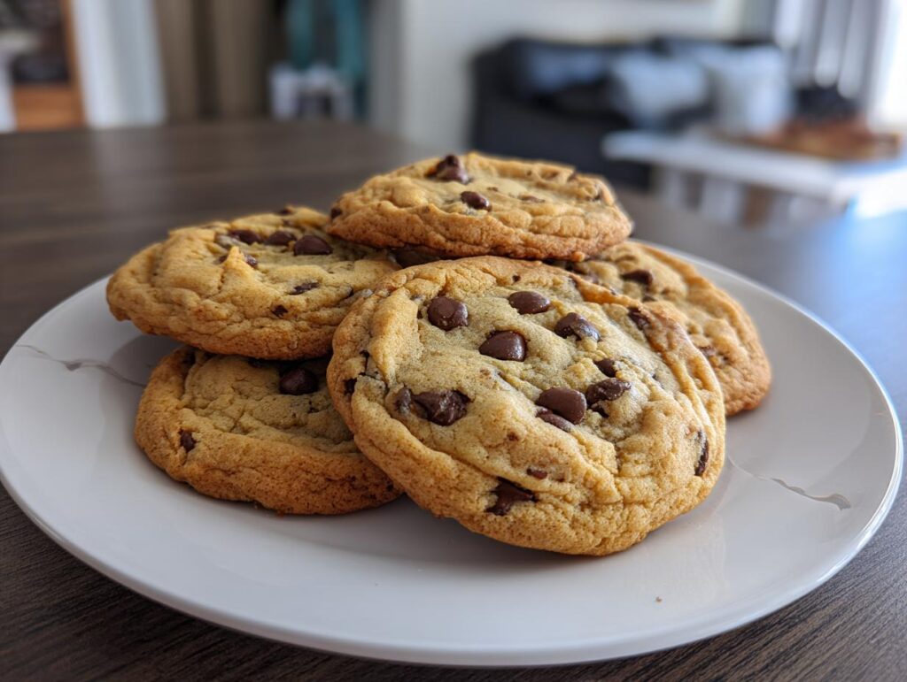 A stack of freshly baked chocolate chip cookies on a white plate, ready to be enjoyed.