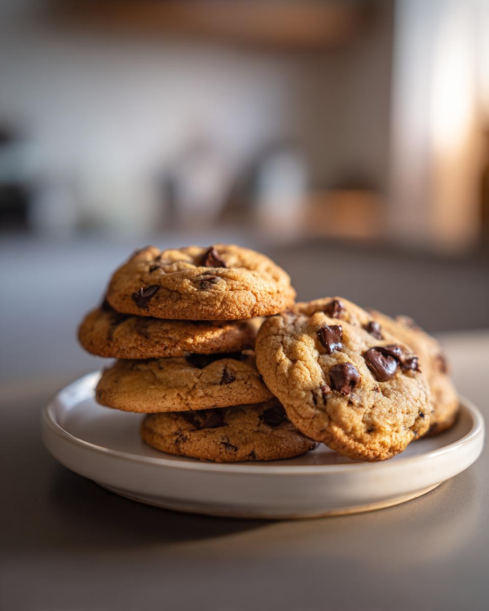 A close-up of a stack of freshly baked chocolate chip cookies on a white plate.