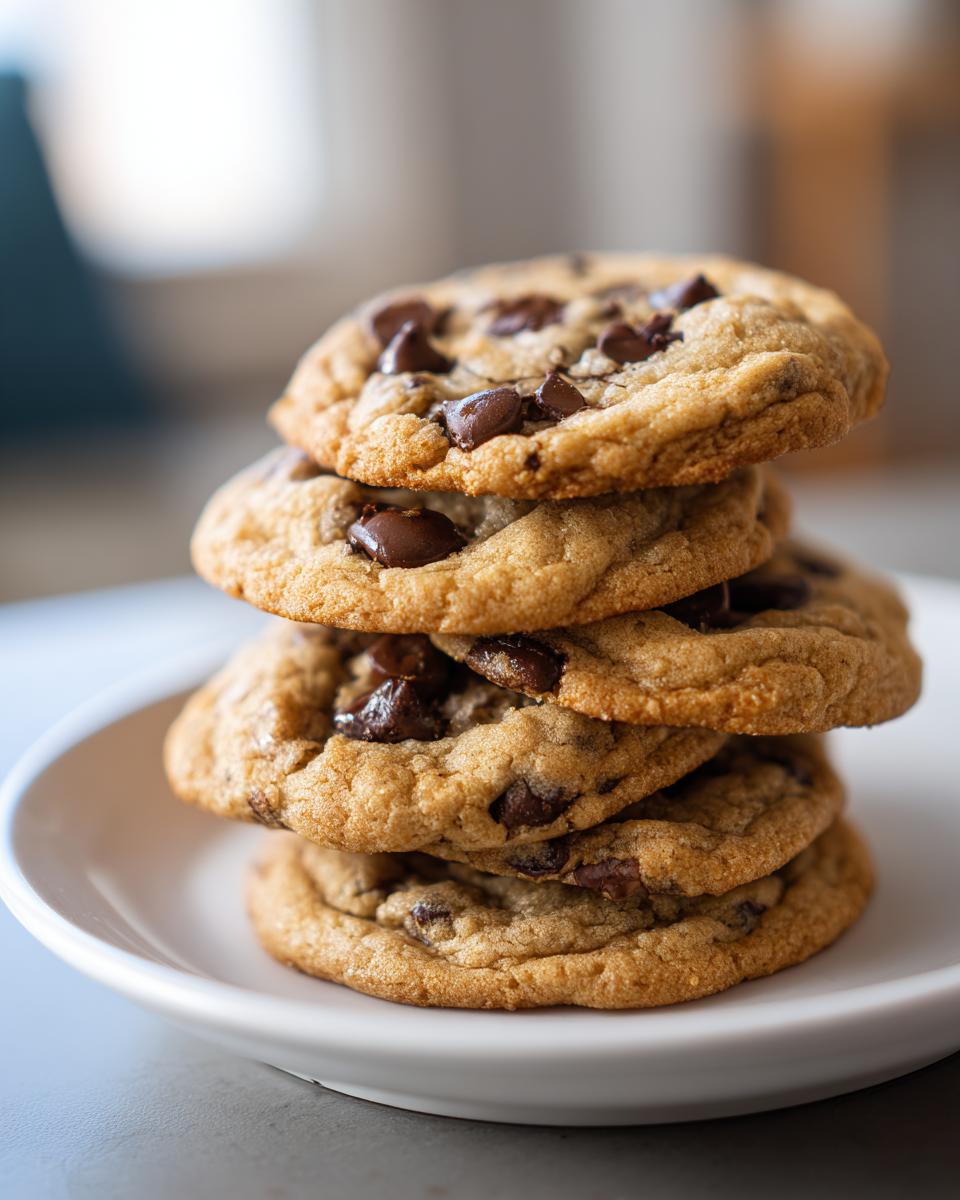 A stack of four freshly baked chocolate chip cookies on a white plate, showcasing gooey chocolate chips.