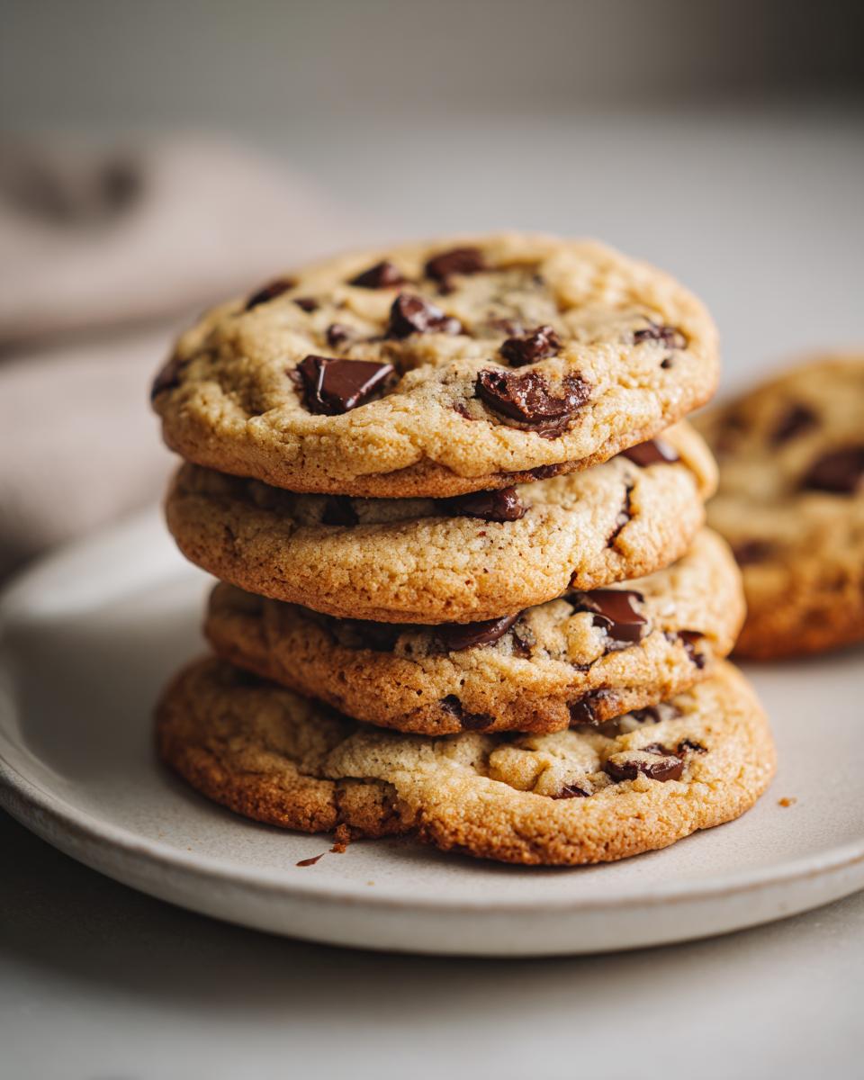 A stack of four freshly baked chocolate chip cookies, with visible chocolate chunks, on a plate.