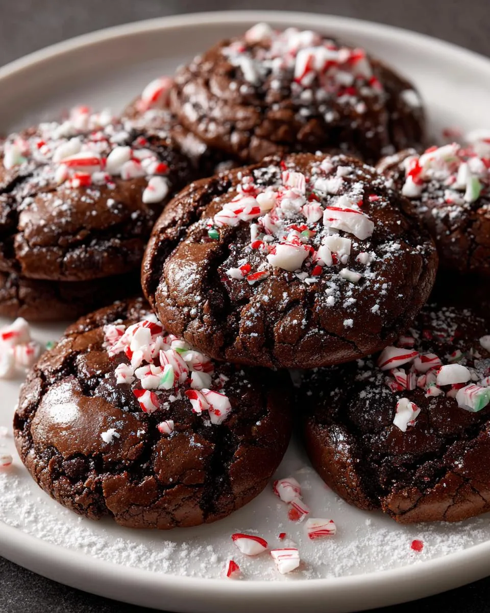 A stack of rich chocolate peppermint cookies topped with crushed candy cane and powdered sugar.