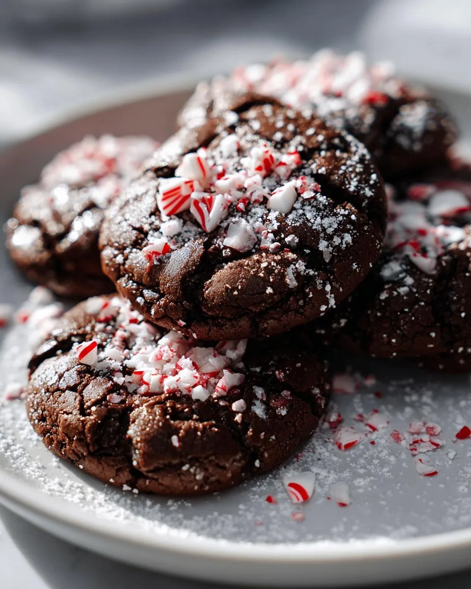 Close-up of rich chocolate peppermint cookies topped with crushed candy canes and powdered sugar.