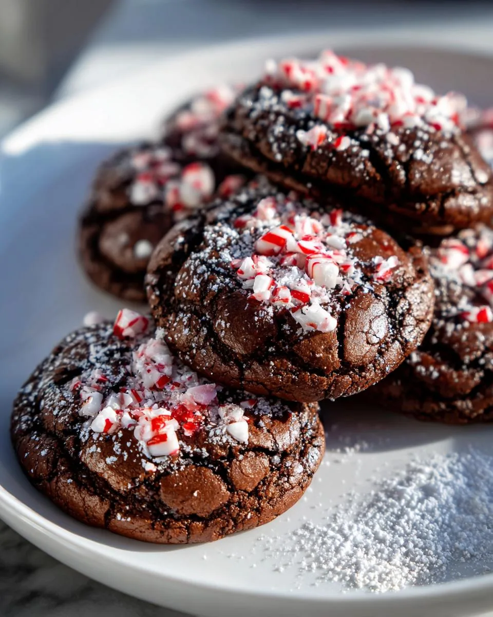 Close-up of rich chocolate peppermint cookies topped with crushed candy cane and powdered sugar.