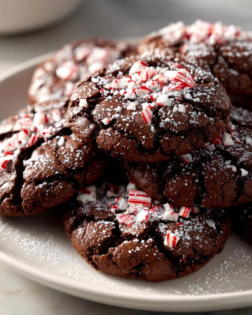 Close-up of a stack of chocolate peppermint cookies, dusted with powdered sugar and crushed candy canes.