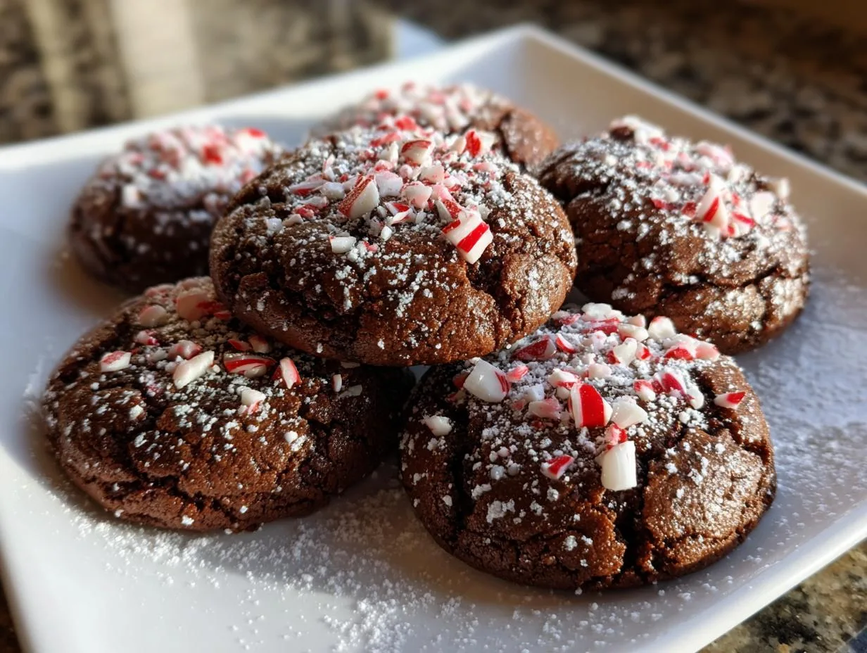 A pile of rich chocolate peppermint cookies dusted with powdered sugar and crushed candy canes.