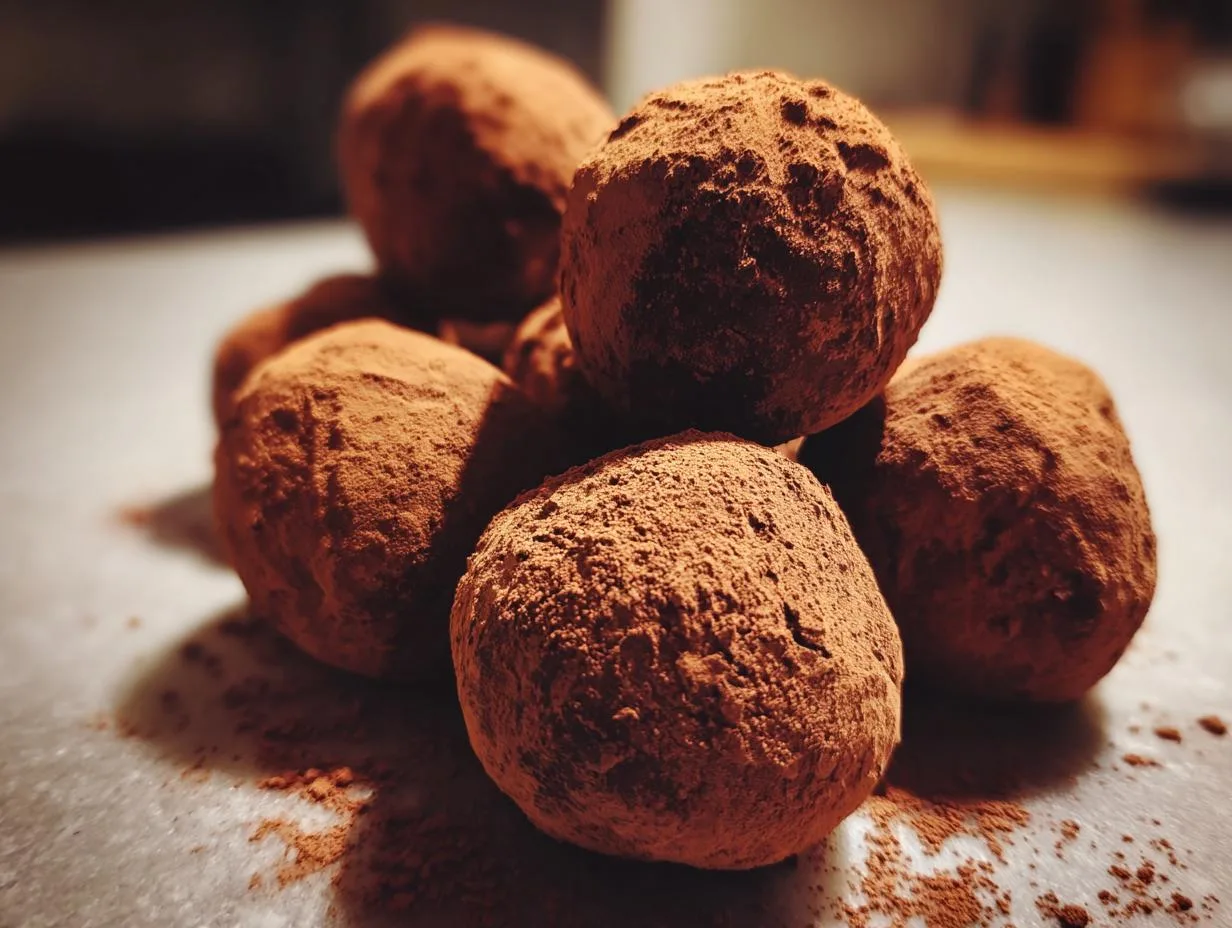 A close-up of several decadent chocolate truffle balls dusted with cocoa powder, ready to be enjoyed.