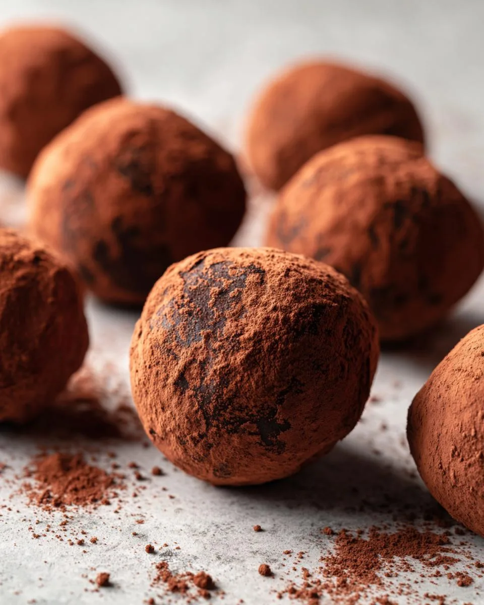 Close-up of several decadent chocolate truffle balls dusted with cocoa powder on a textured surface.