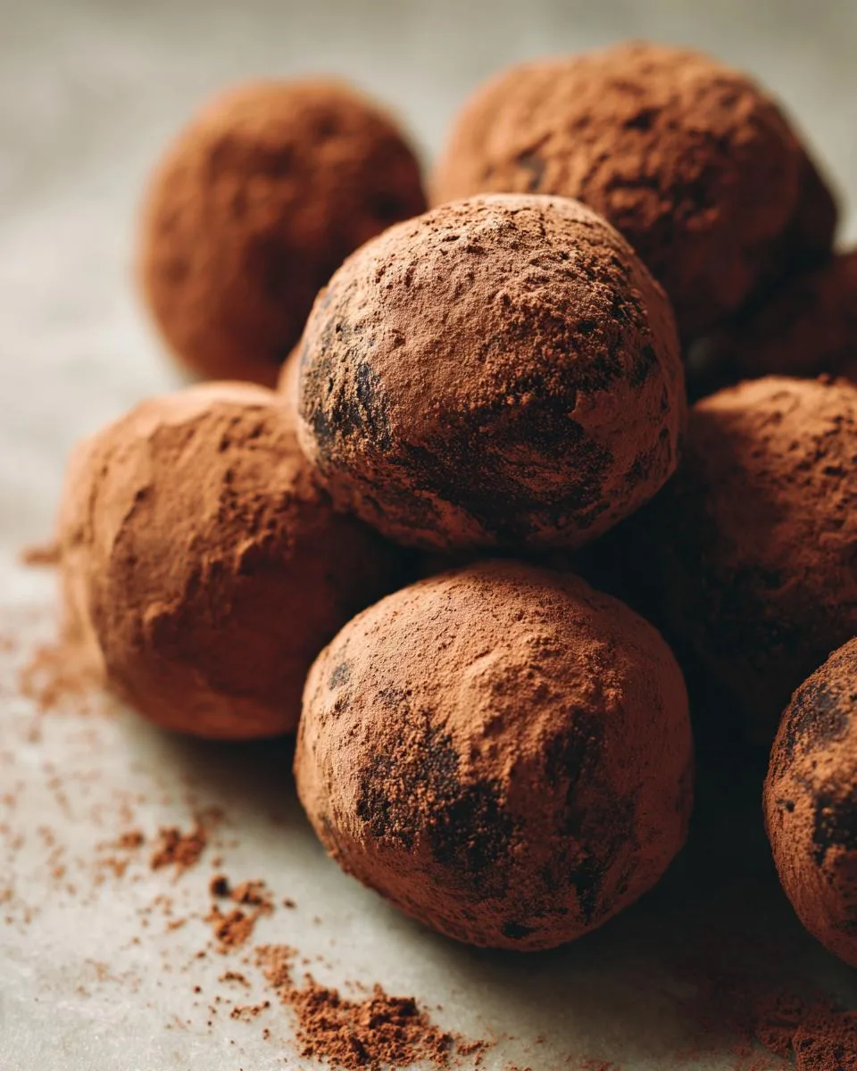 A close-up of rich, decadent chocolate truffle balls dusted generously with cocoa powder.