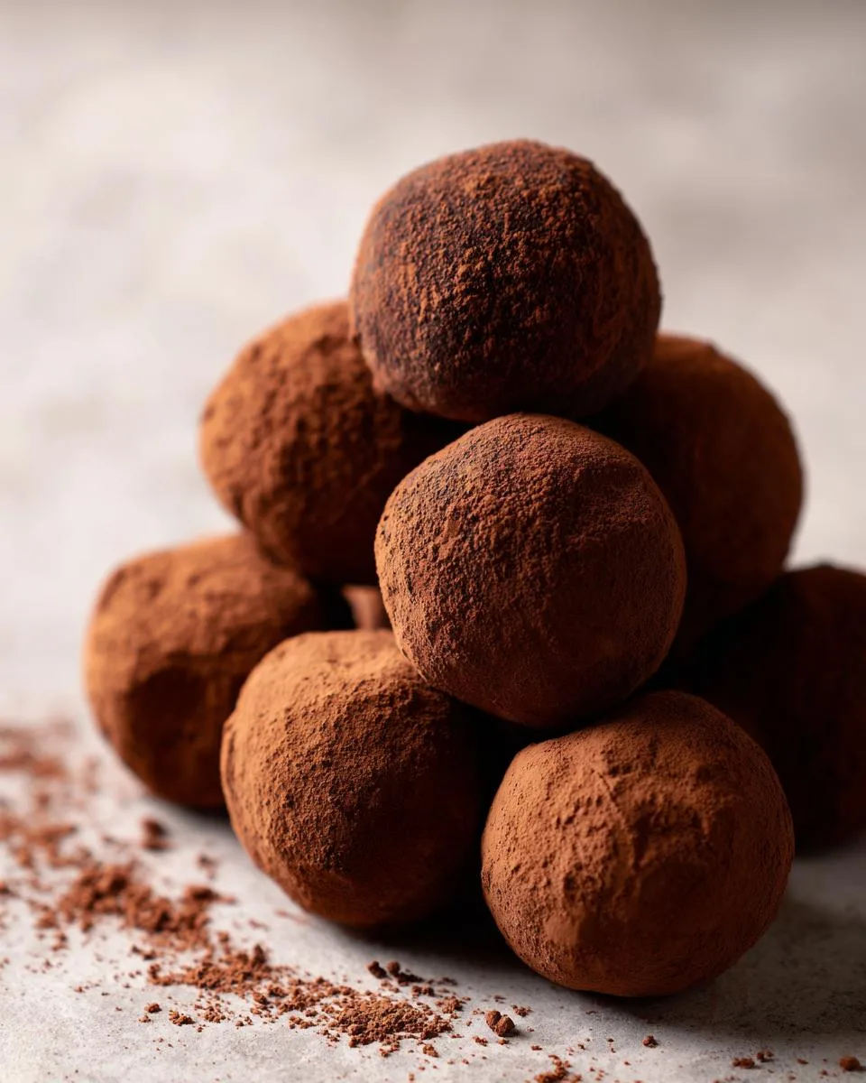 A pile of rich, cocoa-dusted chocolate truffle balls.