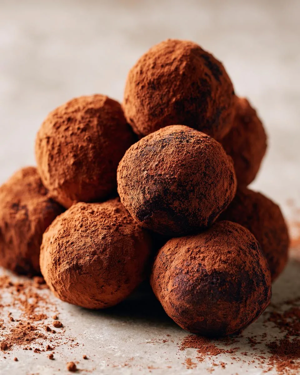 A pile of decadent chocolate truffle balls generously dusted with cocoa powder.