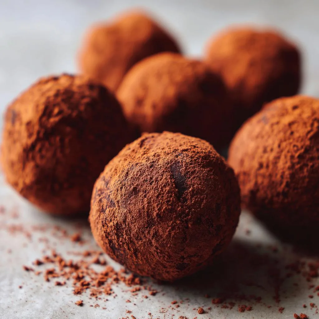 Close-up of several decadent chocolate truffle balls dusted generously with cocoa powder.