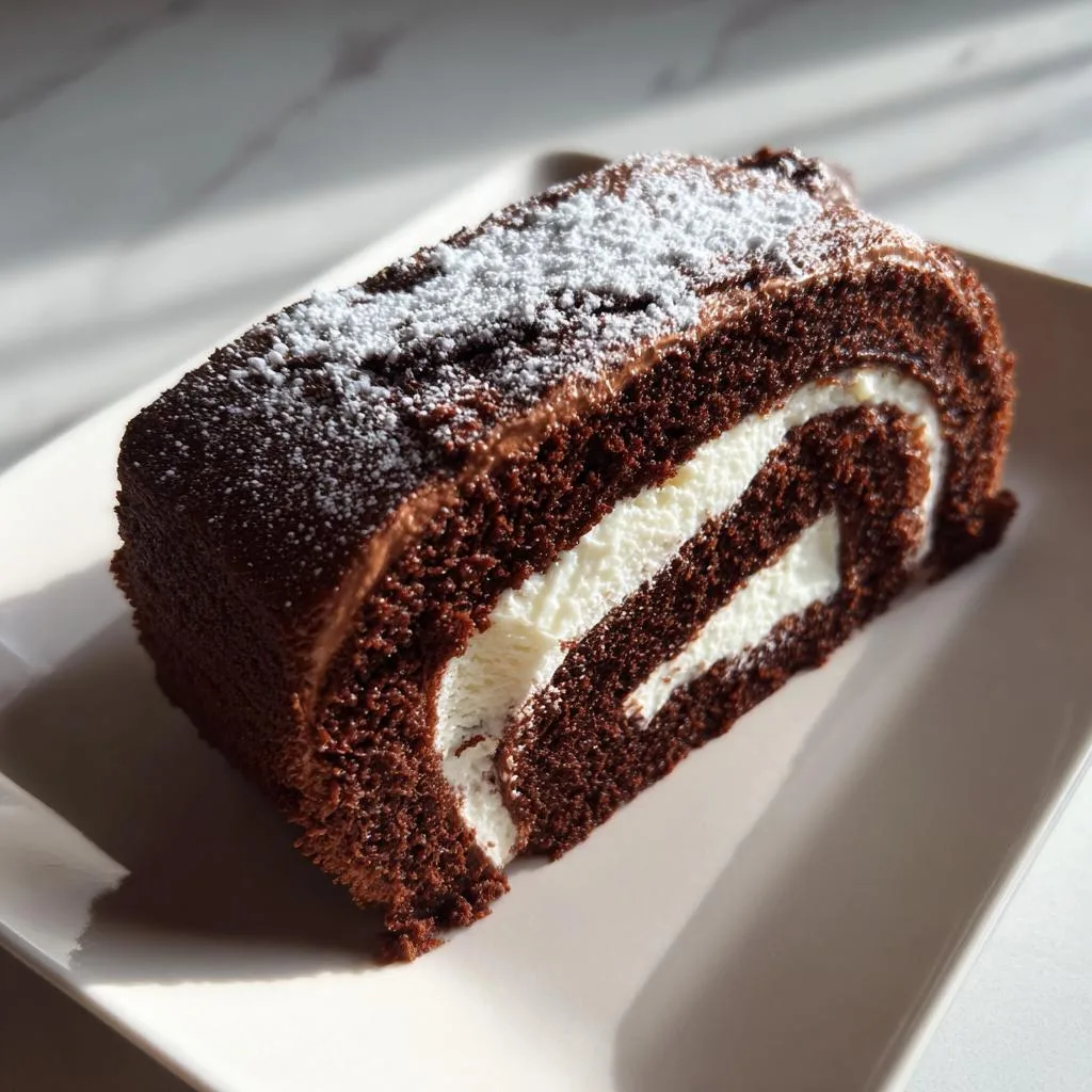 A slice of decadent chocolate yule log cake filled with creamy white frosting and dusted with powdered sugar.
