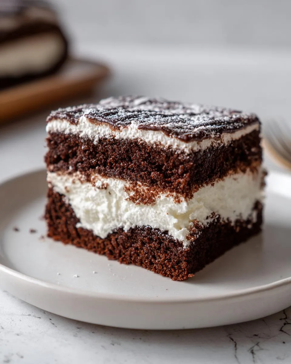 A rich slice of chocolate yule log cake with layers of dark chocolate sponge and creamy white filling, dusted with powdered sugar.
