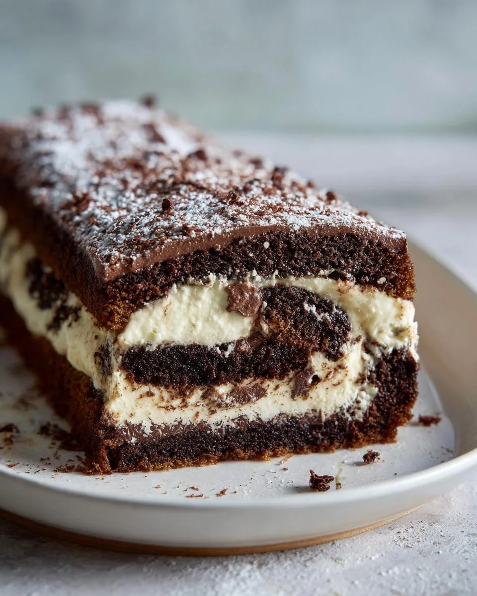 A slice of decadent chocolate yule log cake with rich chocolate sponge, creamy filling, and dusted with powdered sugar.