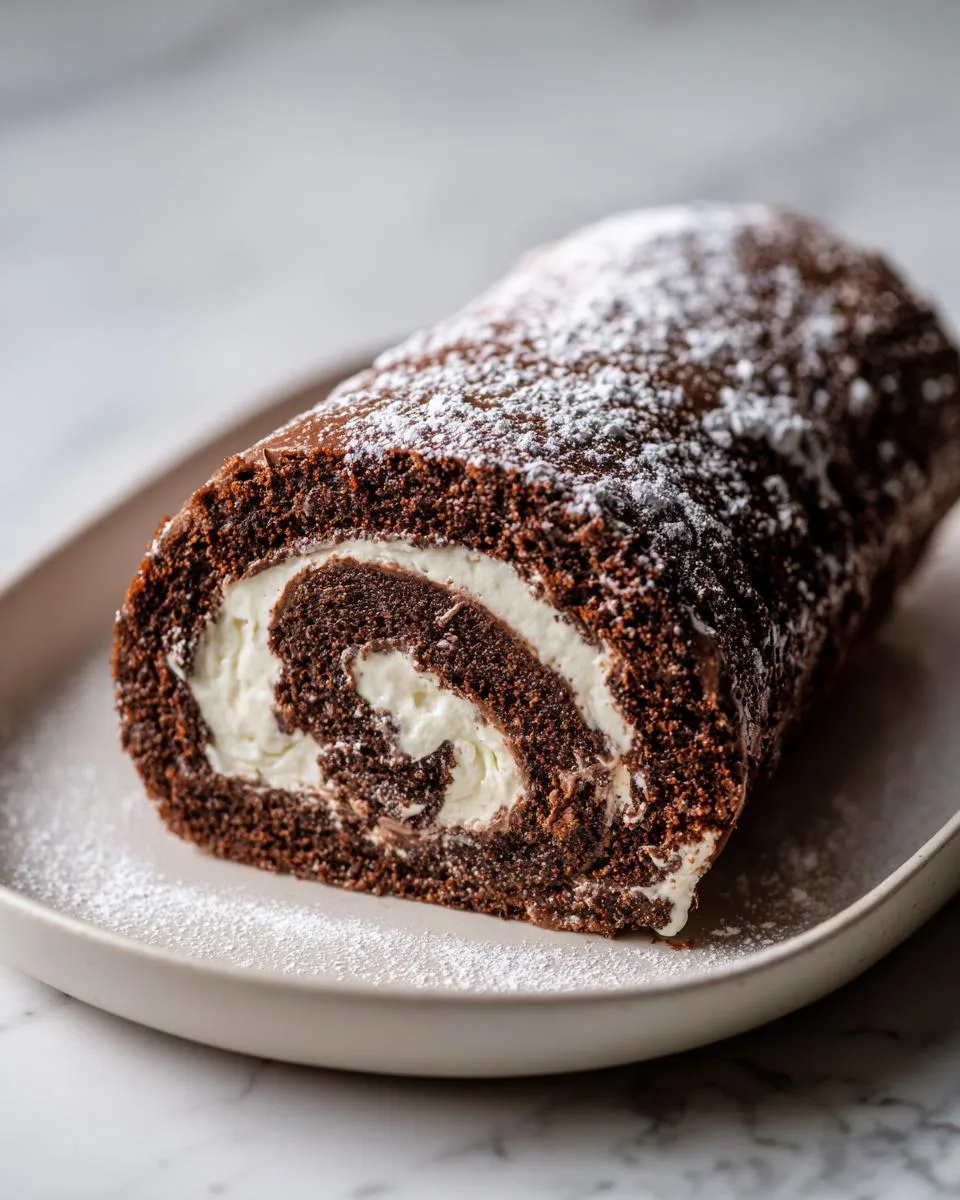 A slice of decadent chocolate yule log cake filled with cream and dusted with powdered sugar.