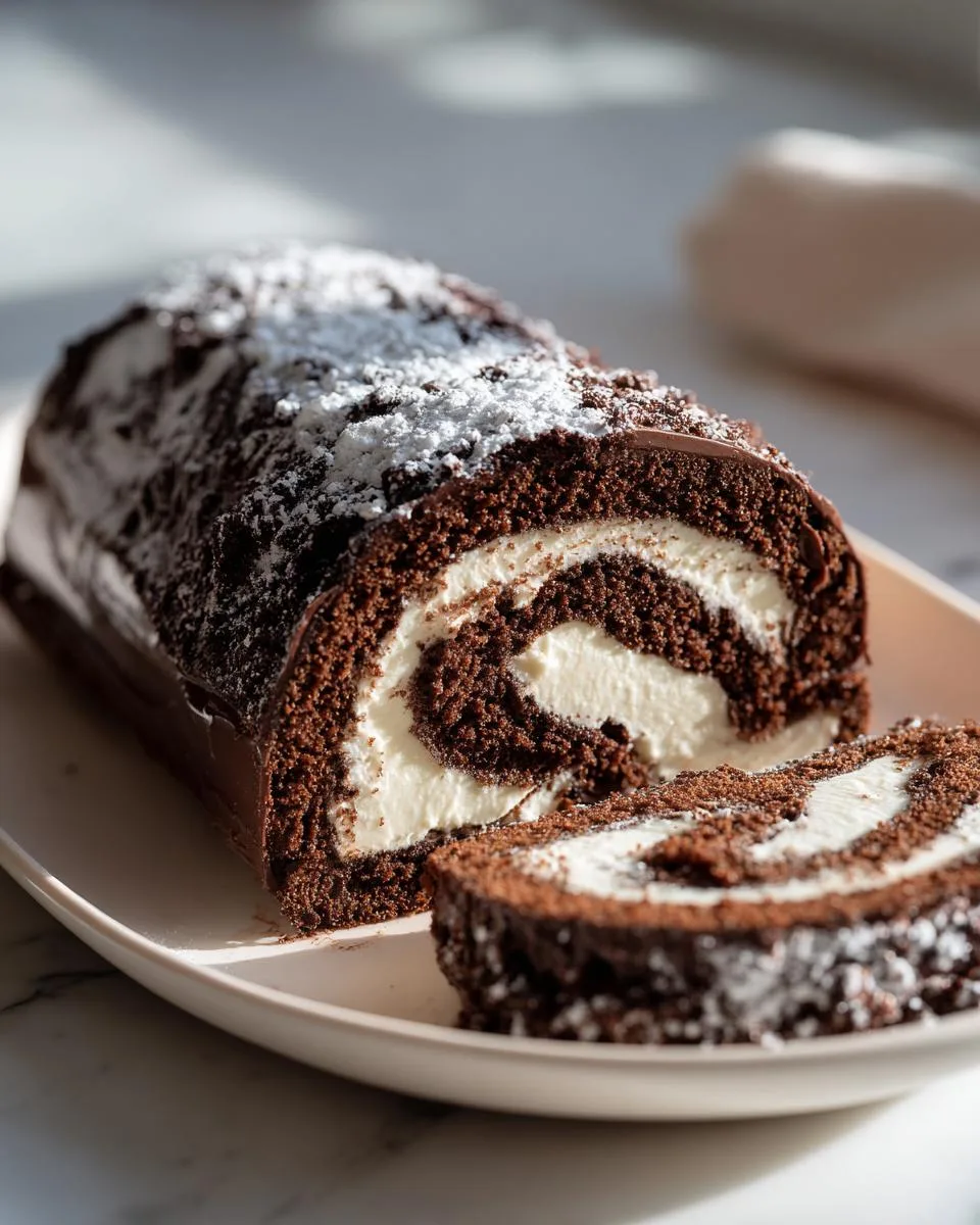 A slice of decadent chocolate yule log cake filled with creamy white frosting and dusted with powdered sugar.