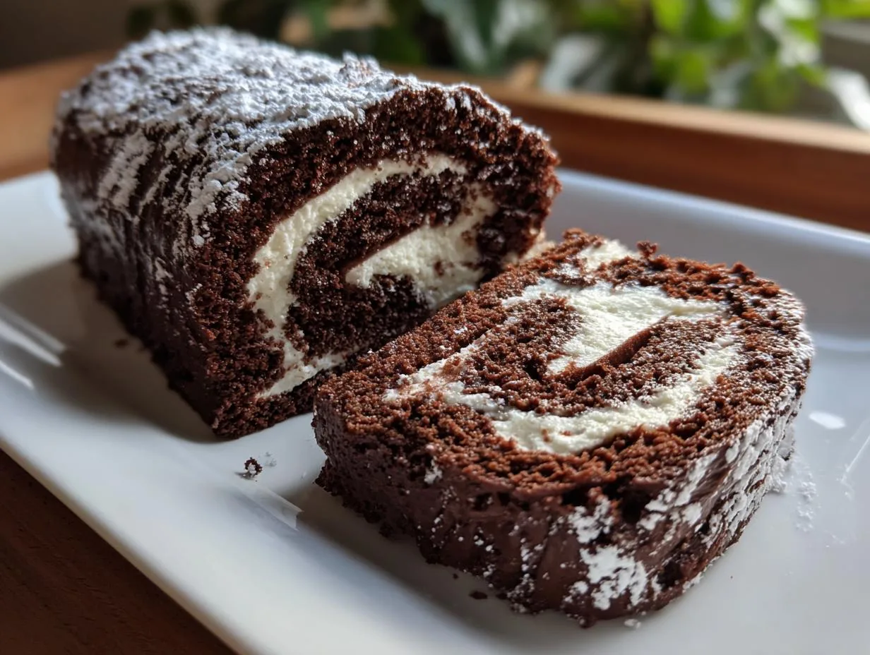 A slice of decadent chocolate yule log cake with creamy white filling, dusted with powdered sugar.