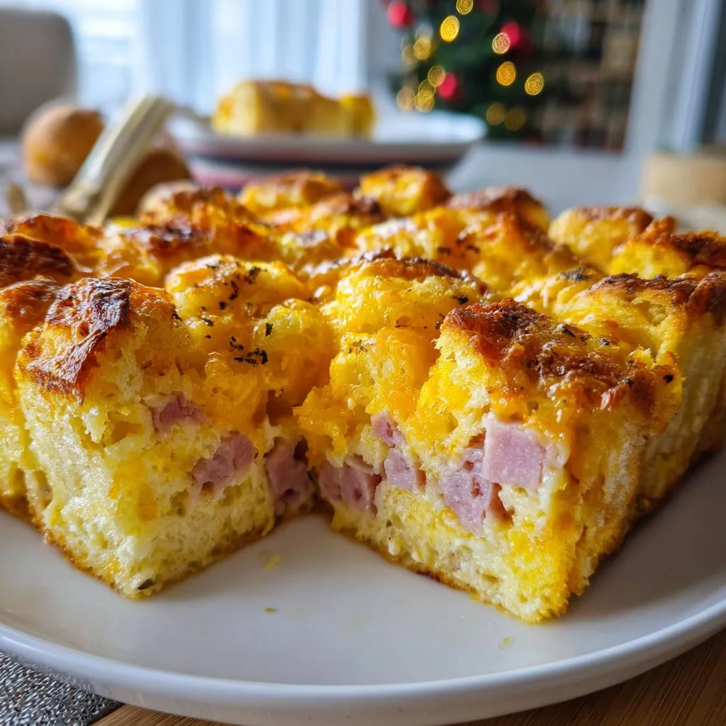 A close-up of a Christmas morning casserole with cubes of ham and melted cheese, cut into squares.