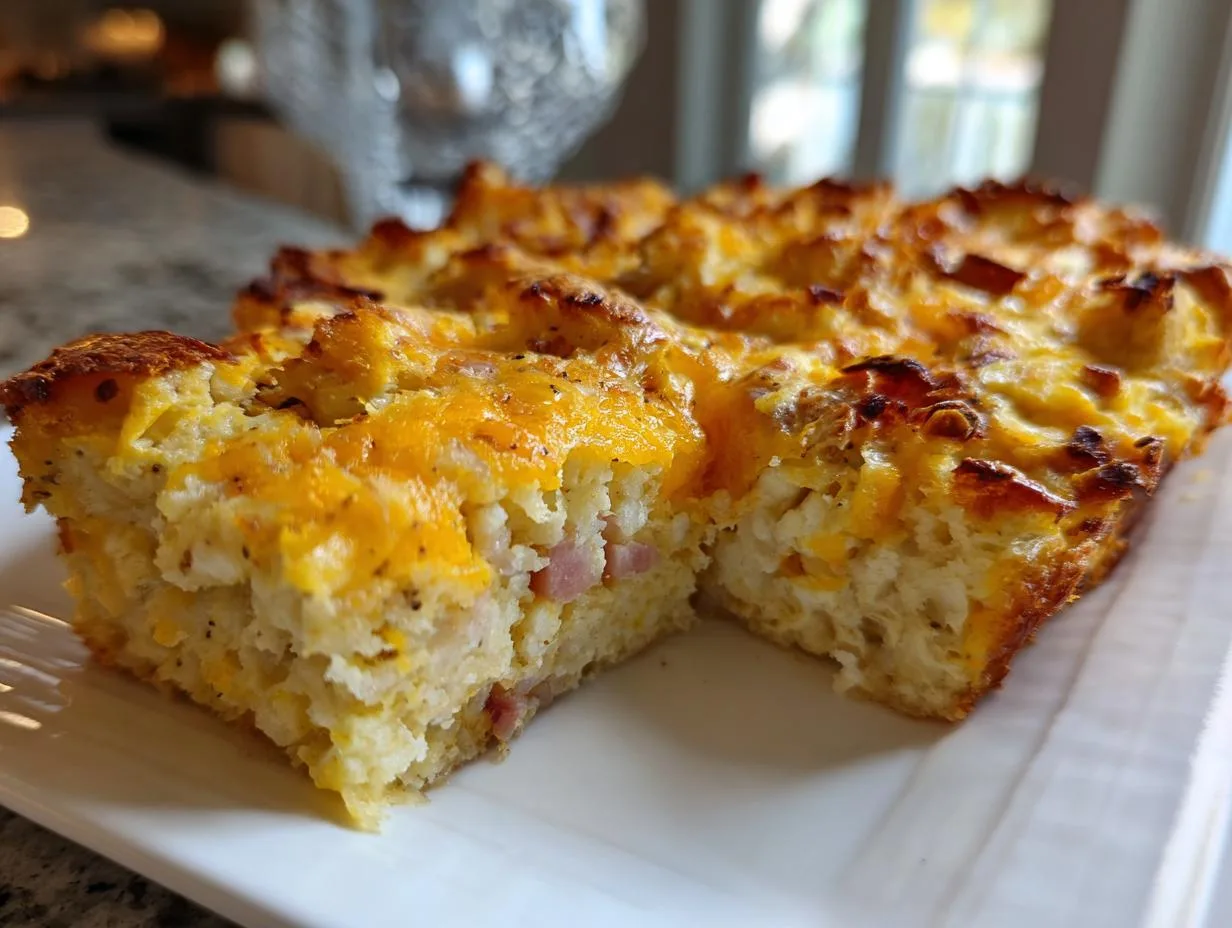 A slice of Christmas Morning Casserole with golden cheese topping and visible ham pieces.