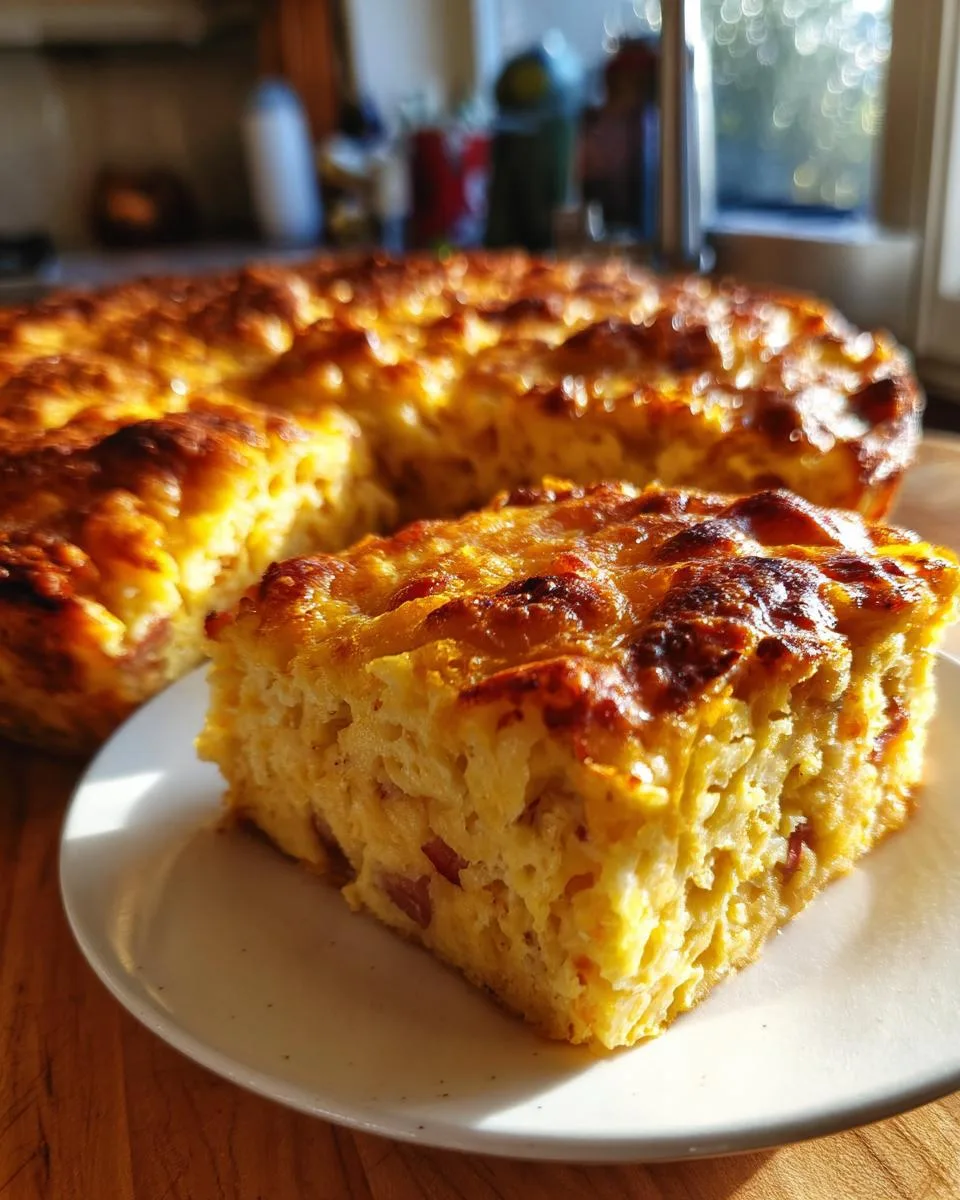 A slice of golden-brown Christmas morning casserole with visible pieces of bacon on a white plate.