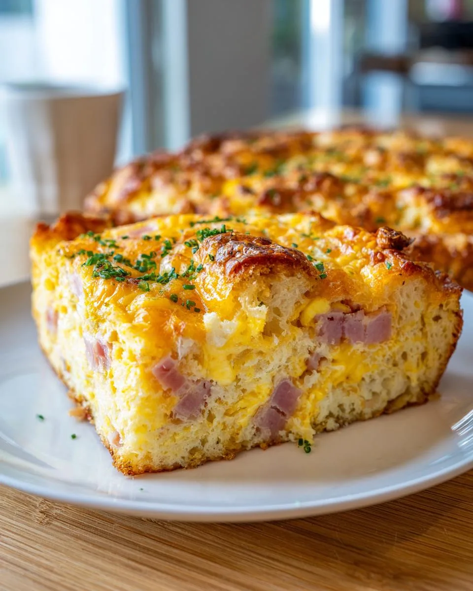 A delicious slice of Christmas Morning Casserole featuring scrambled eggs, ham, and melted cheese, topped with fresh chives.