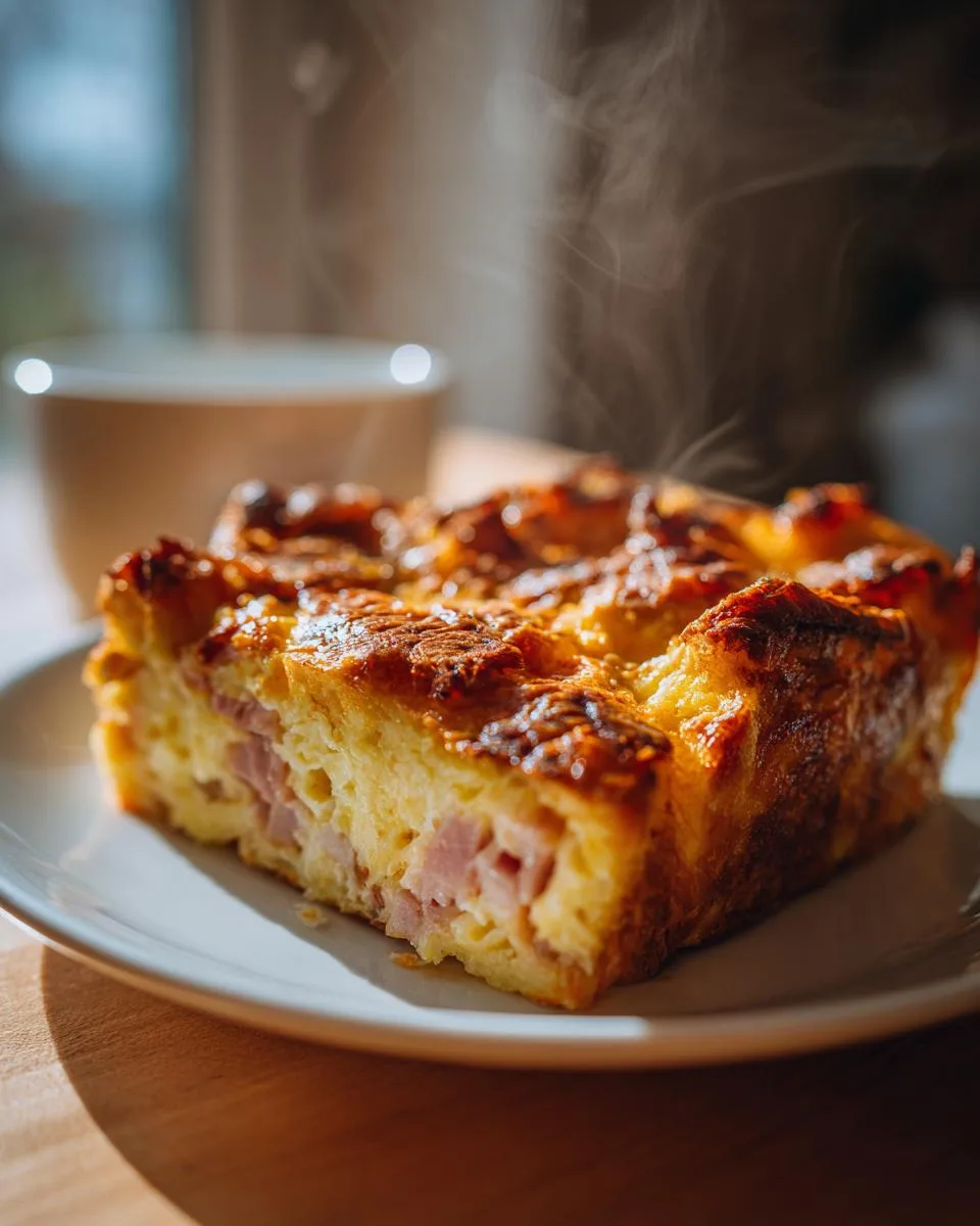 A steaming slice of Christmas morning casserole with ham and cheese on a white plate.