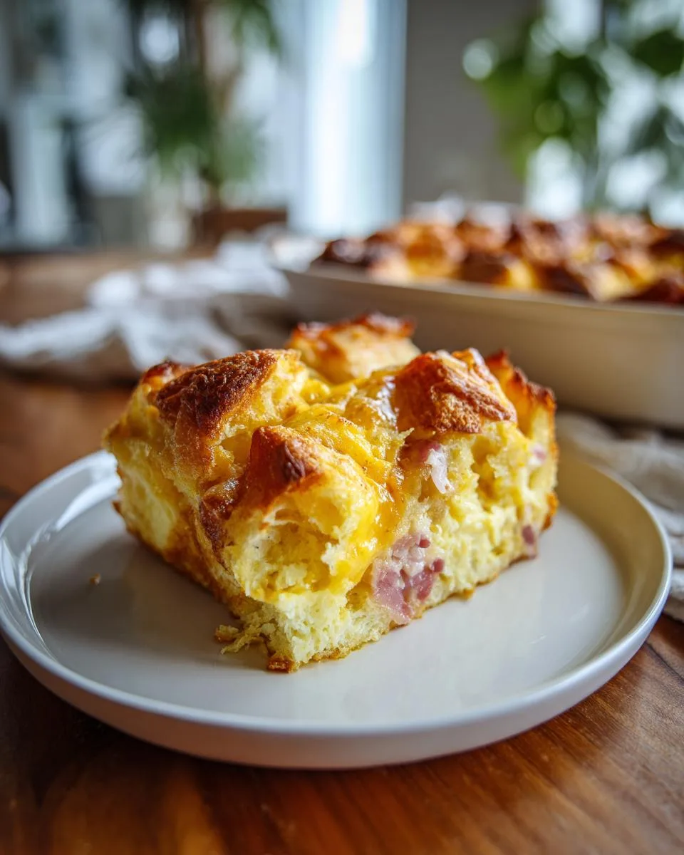 A delicious slice of Christmas Morning Casserole featuring bread, ham, and melted cheese on a white plate.