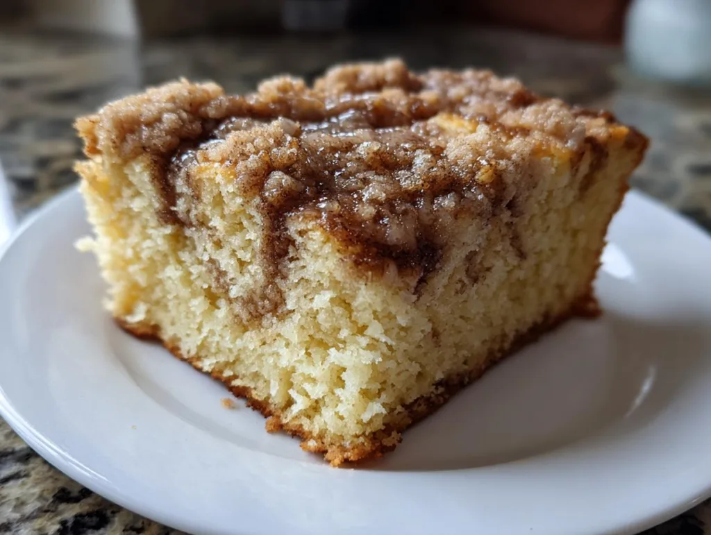 A close-up of a moist slice of cinnamon coffee cake with a crumb topping on a white plate.