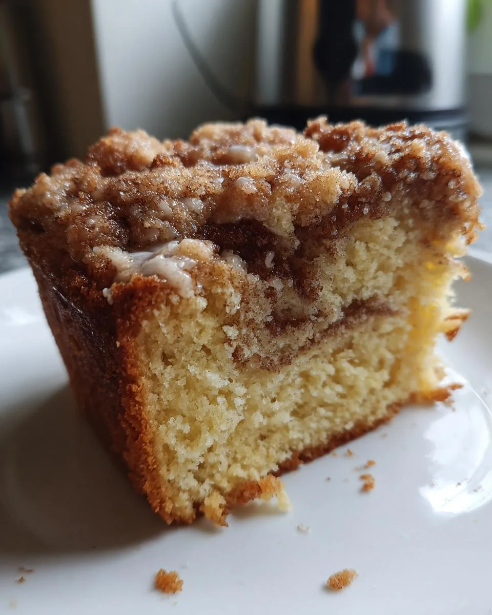 A close-up of a moist slice of cinnamon coffee cake with a crumb topping on a white plate.