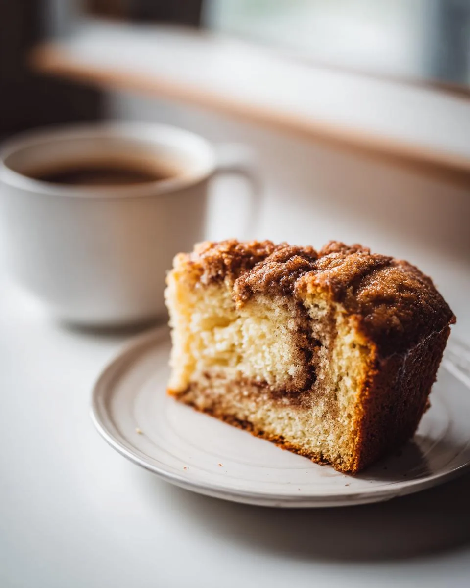 A delicious slice of cinnamon coffee cake with a swirl of cinnamon sugar and a crumb topping, next to a cup of coffee.