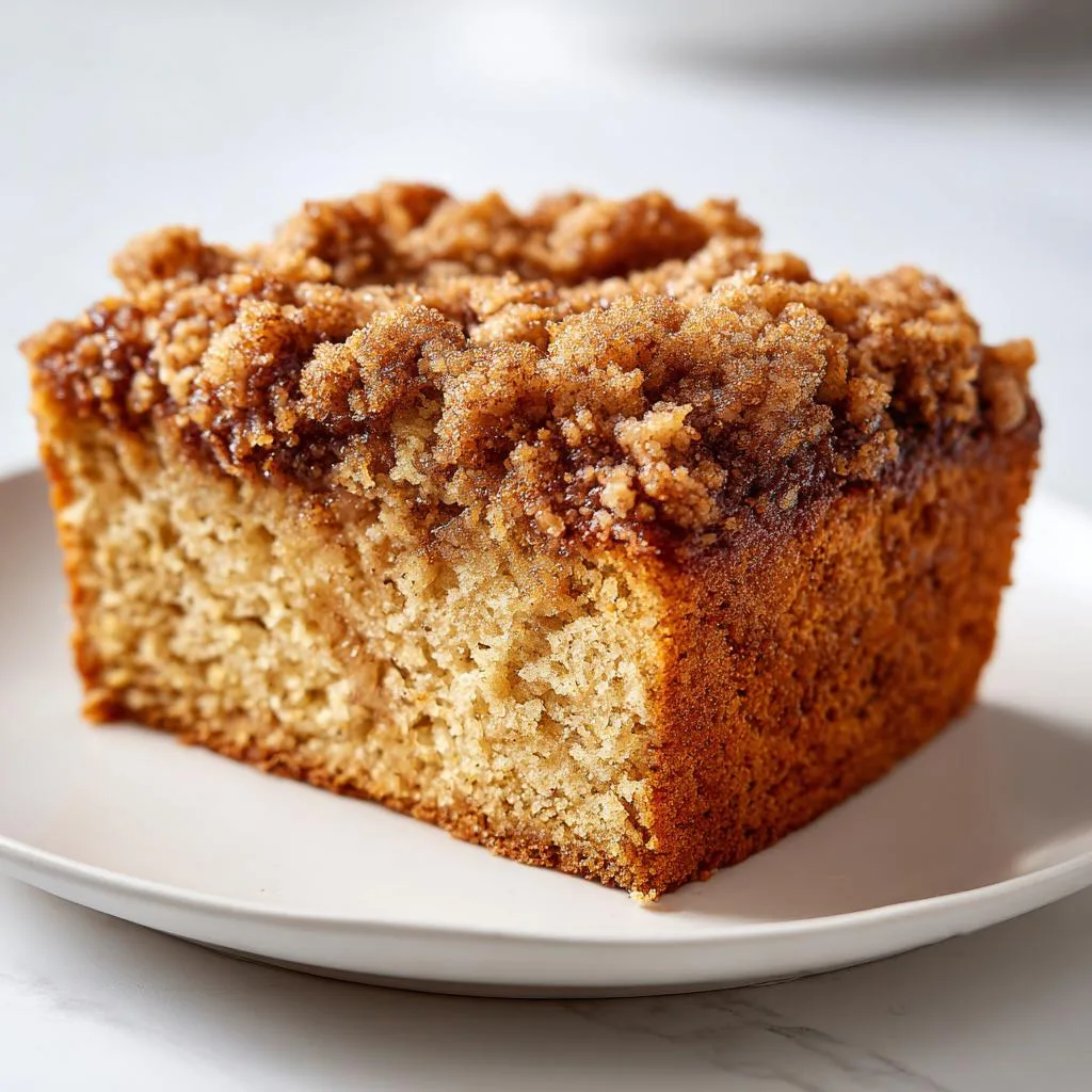 A close-up of a moist slice of cinnamon coffee cake with a crumbly streusel topping on a white plate.