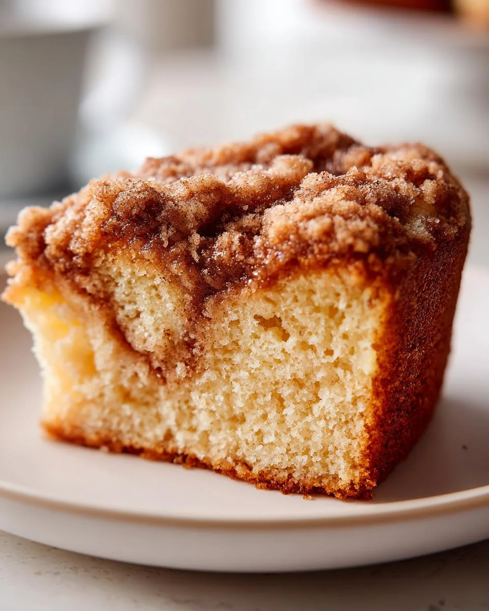 A close-up of a moist slice of cinnamon coffee cake with a crumbly cinnamon topping on a white plate.