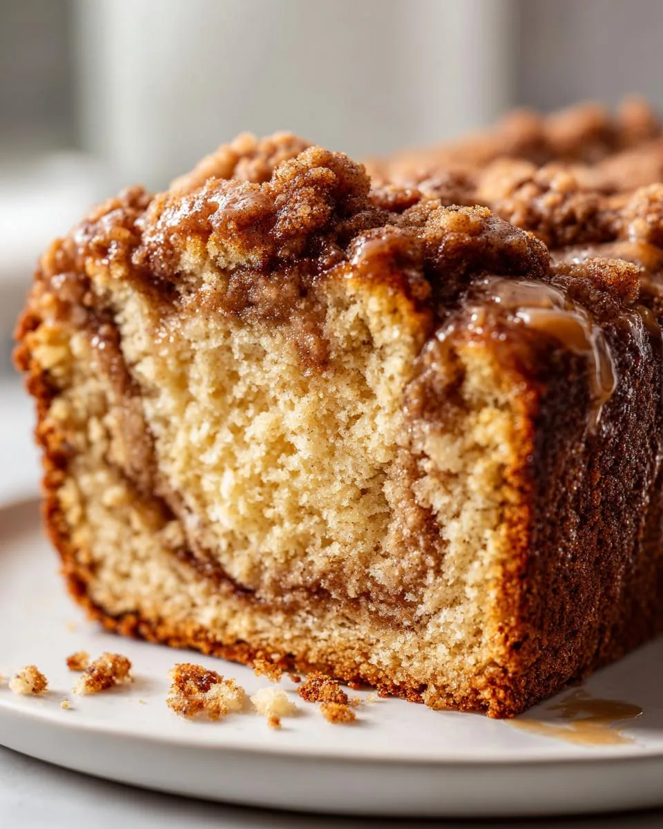A close-up shot of a slice of moist cinnamon coffee cake with a crumbly streusel topping and a swirl of cinnamon sugar.