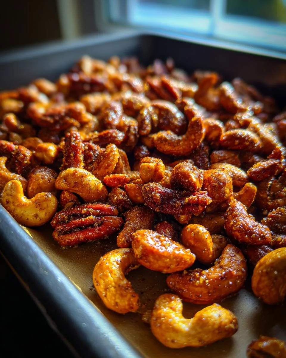 A close-up shot of freshly baked cinnamon spiced nuts, including cashews and pecans, on a baking sheet.