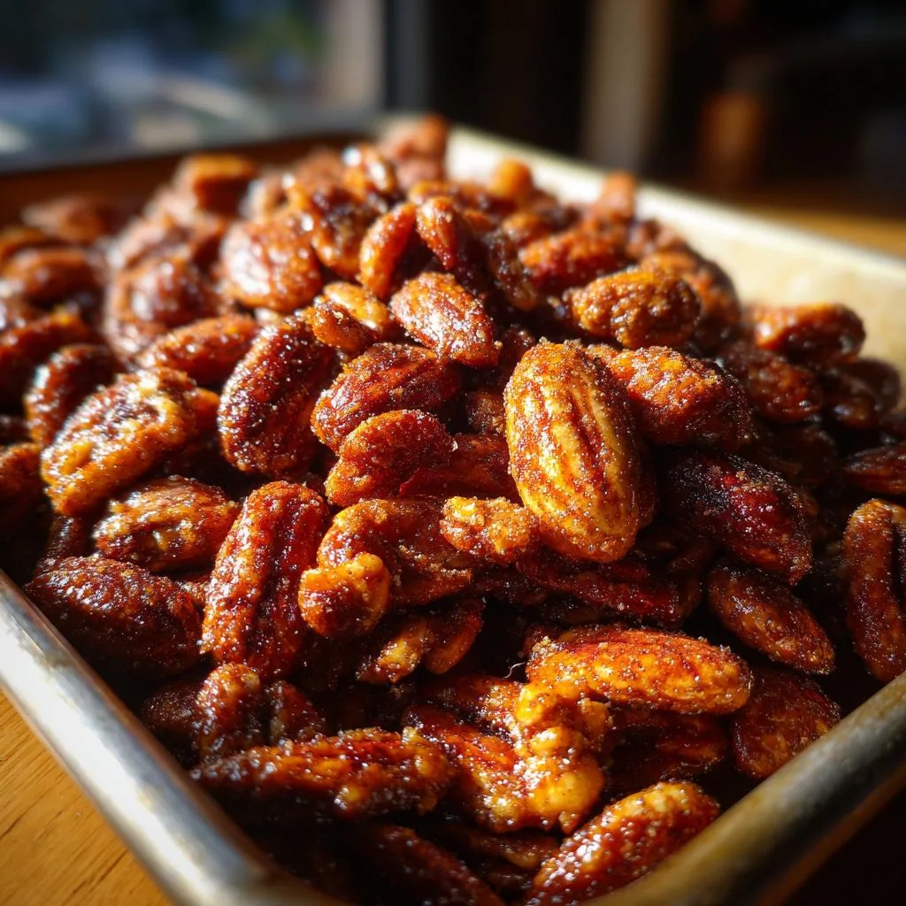 A close-up, appetizing view of freshly made cinnamon spiced nuts in a baking pan.