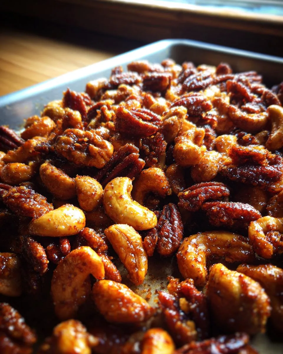 A close-up shot of a baking sheet filled with glistening cinnamon spiced nuts, including cashews and pecans.